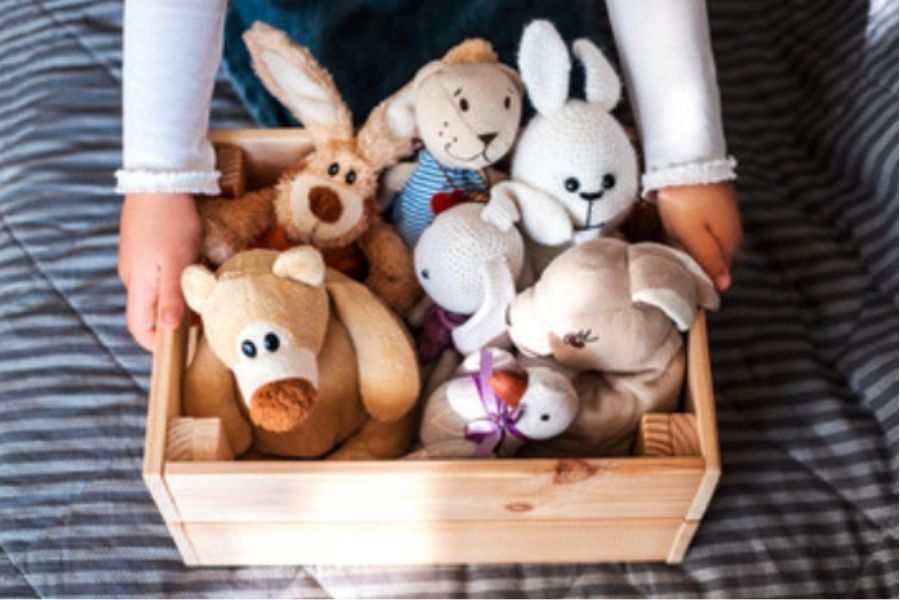 Cozy Critters Child holding a box of stuffed animals