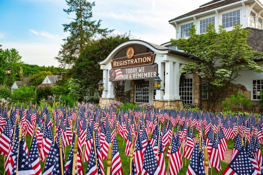 Patriotic-American-Flag-Registration Big Cedar Lodge registration building with American flags filling the yard